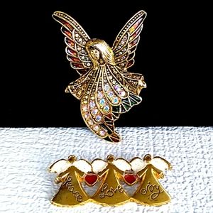 VTG Gold Tone AB Rhinestone Enamel Christmas Angel